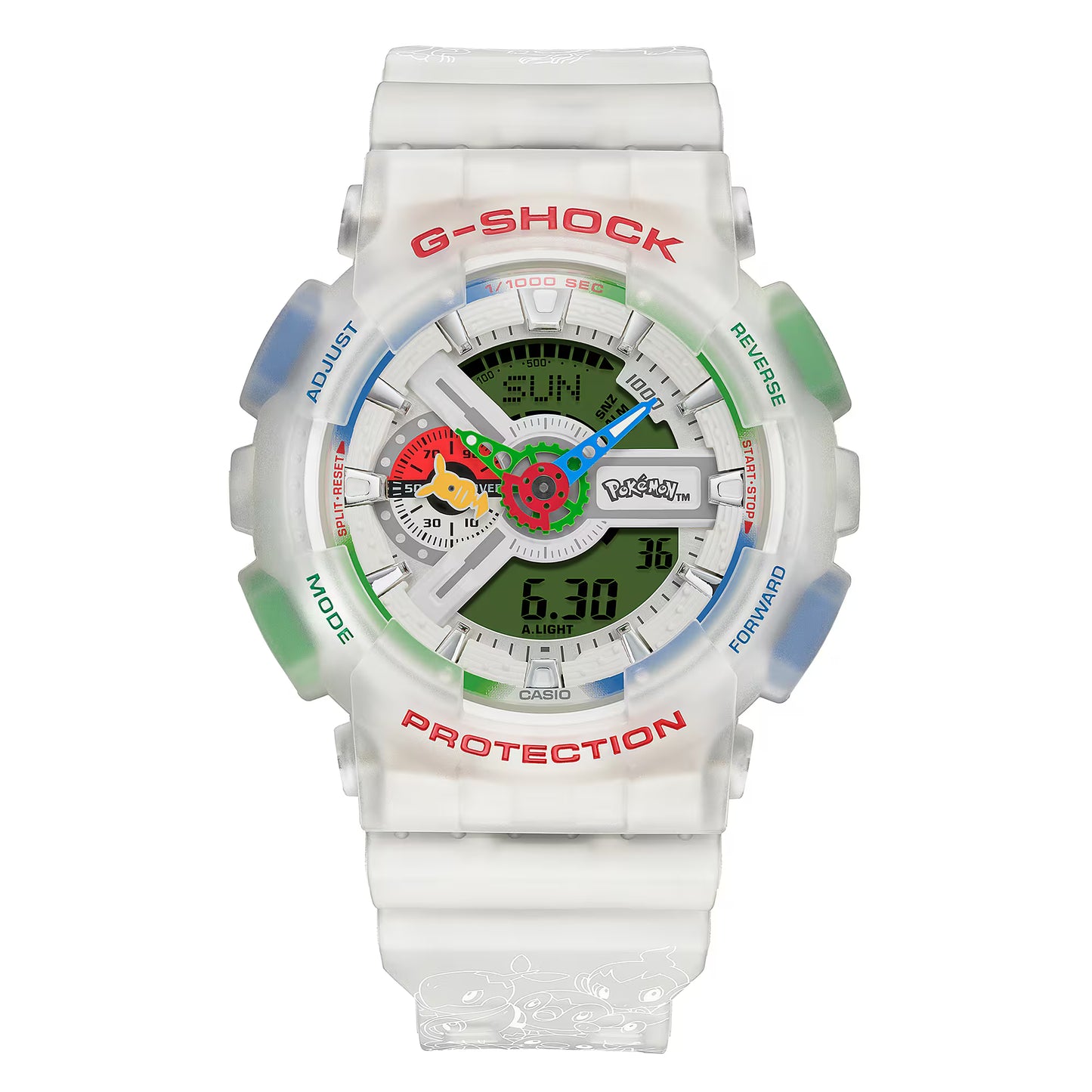 White G-Shock watch with colorful display on a white background
