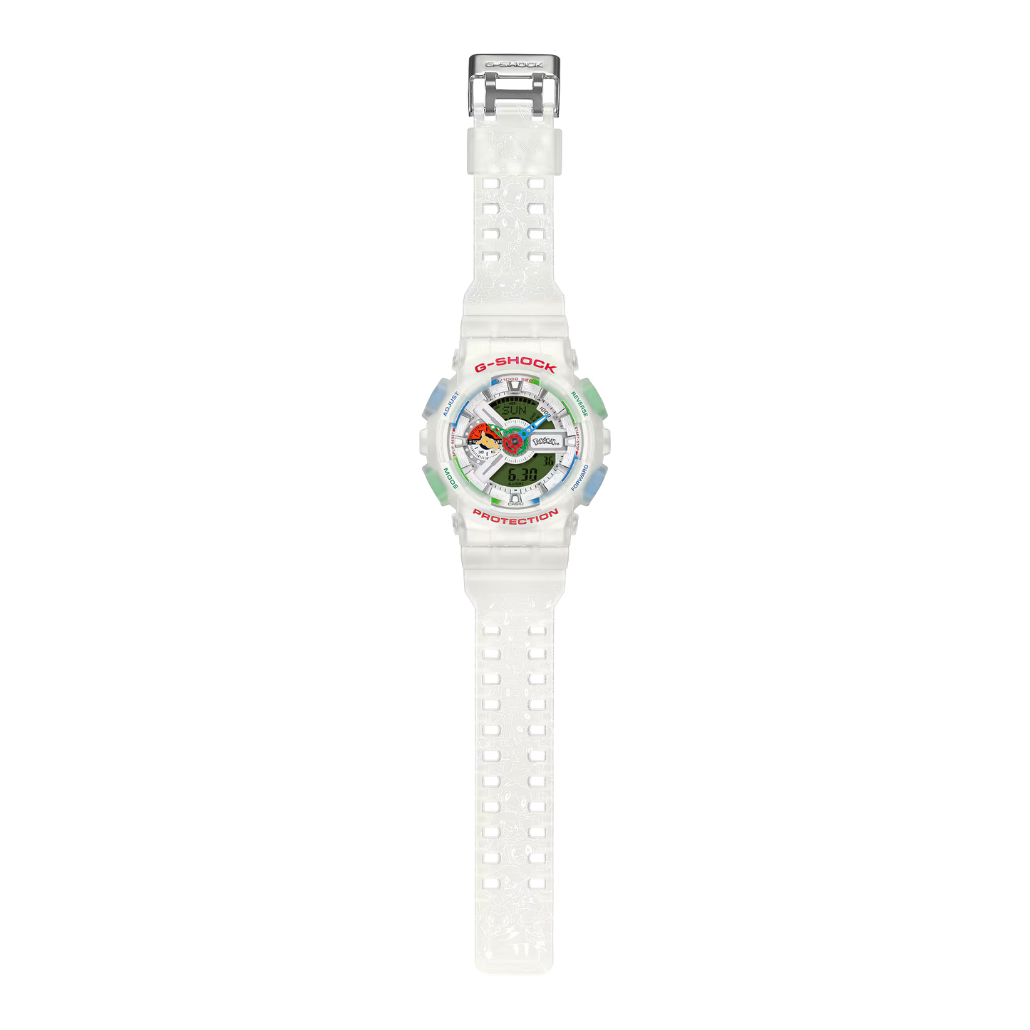White digital watch with colorful display on a white background