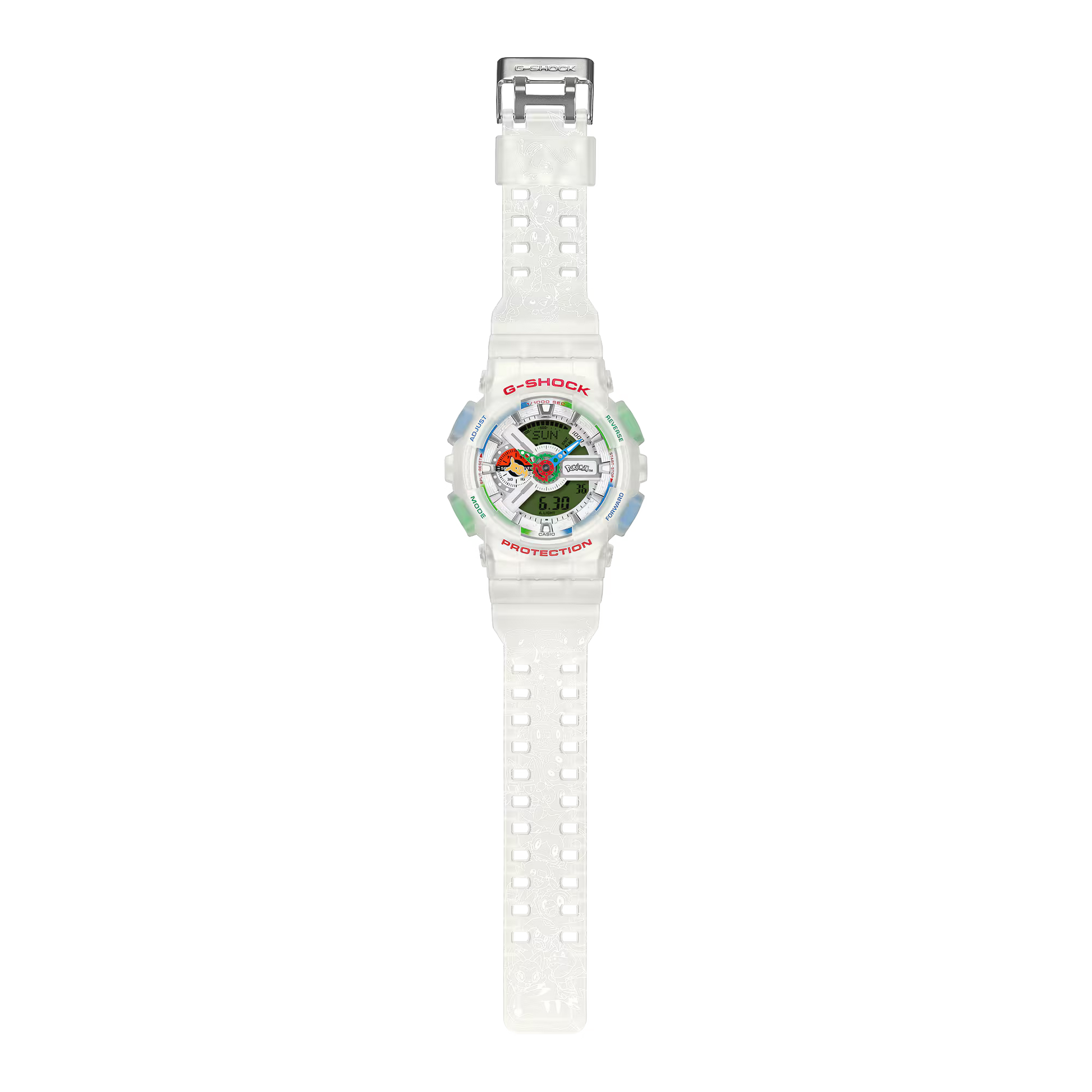 White digital watch with colorful display on a white background