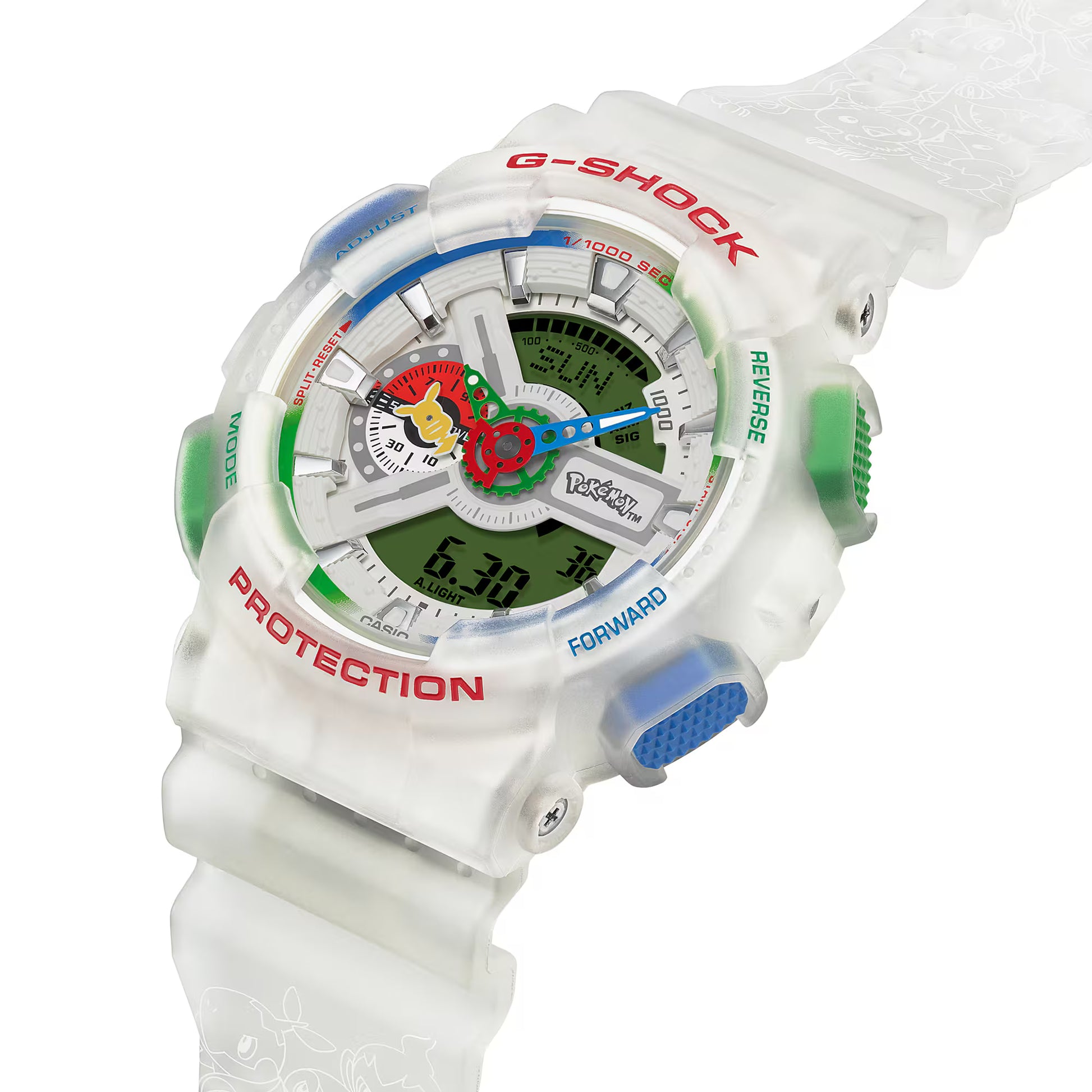 White G-Shock watch with colorful display on a white background