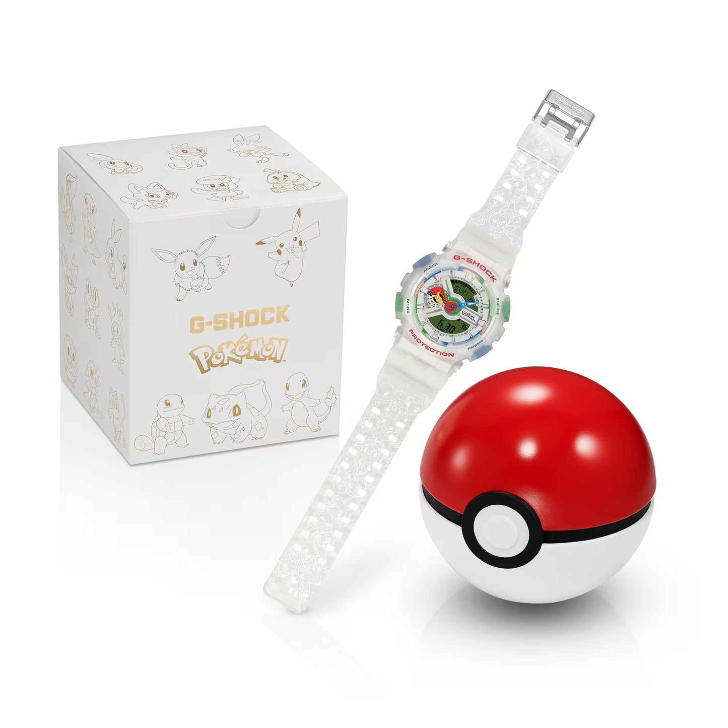 G-Shock watch with Poké Ball design and packaging on a white background