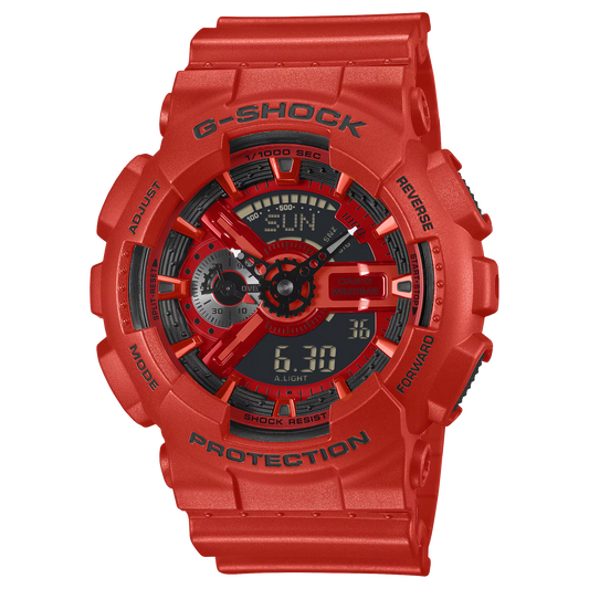Casio G-SHOCK GA110RRB-4A analog-digital watch with an oversized 110 series case, bold red resin bezel and band, black accents with inverted LCD, multi-layered dial design, shock- and magnetic-resistant construction.