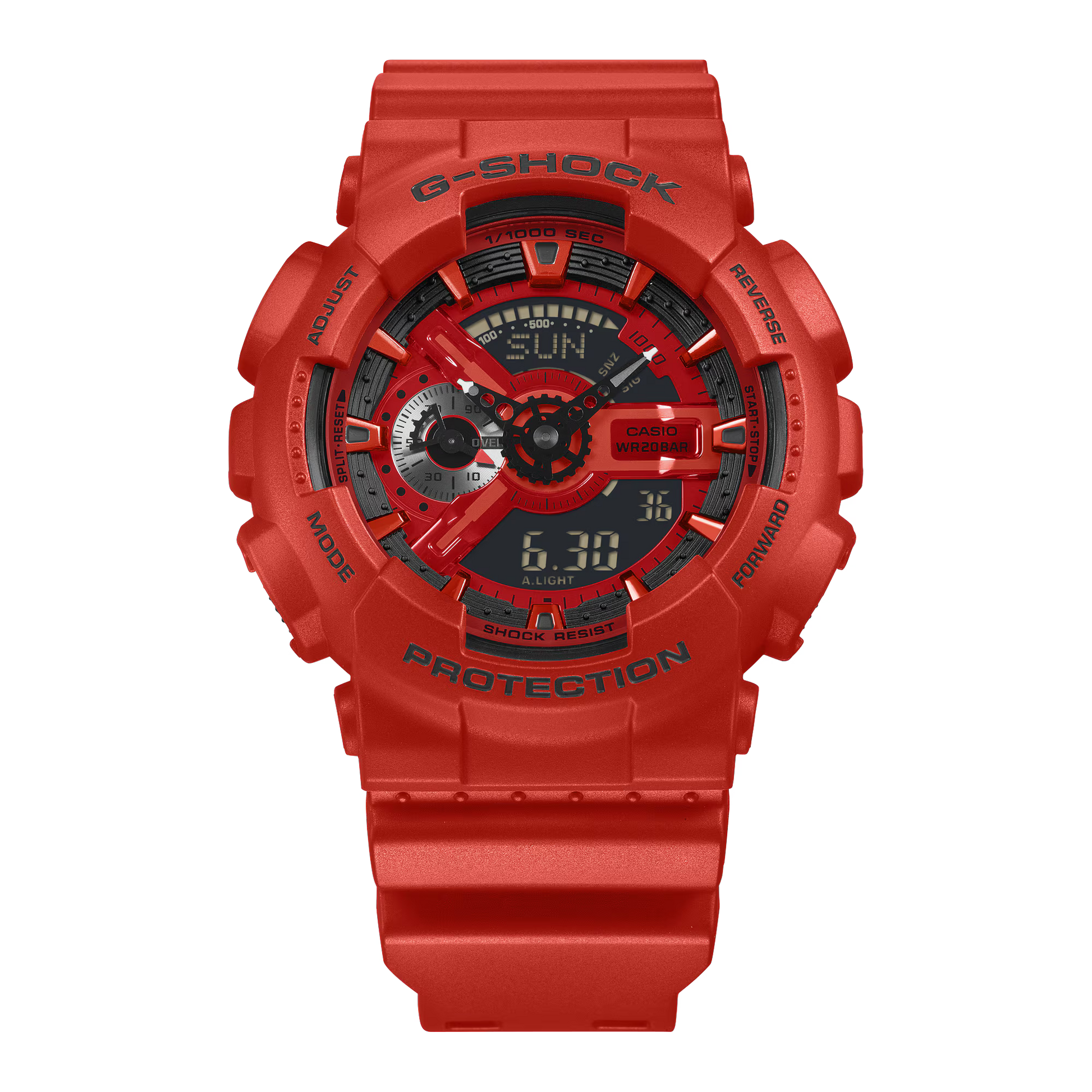 Red G-Shock watch on a white background