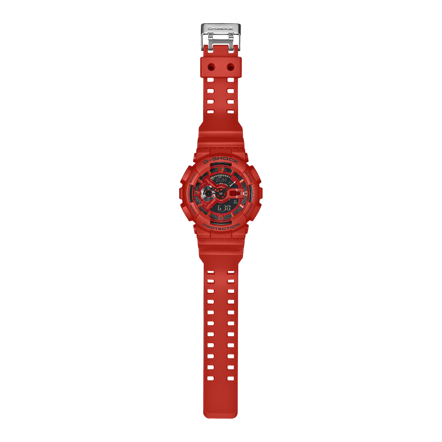 Red Casio G-Shock watch on a white background