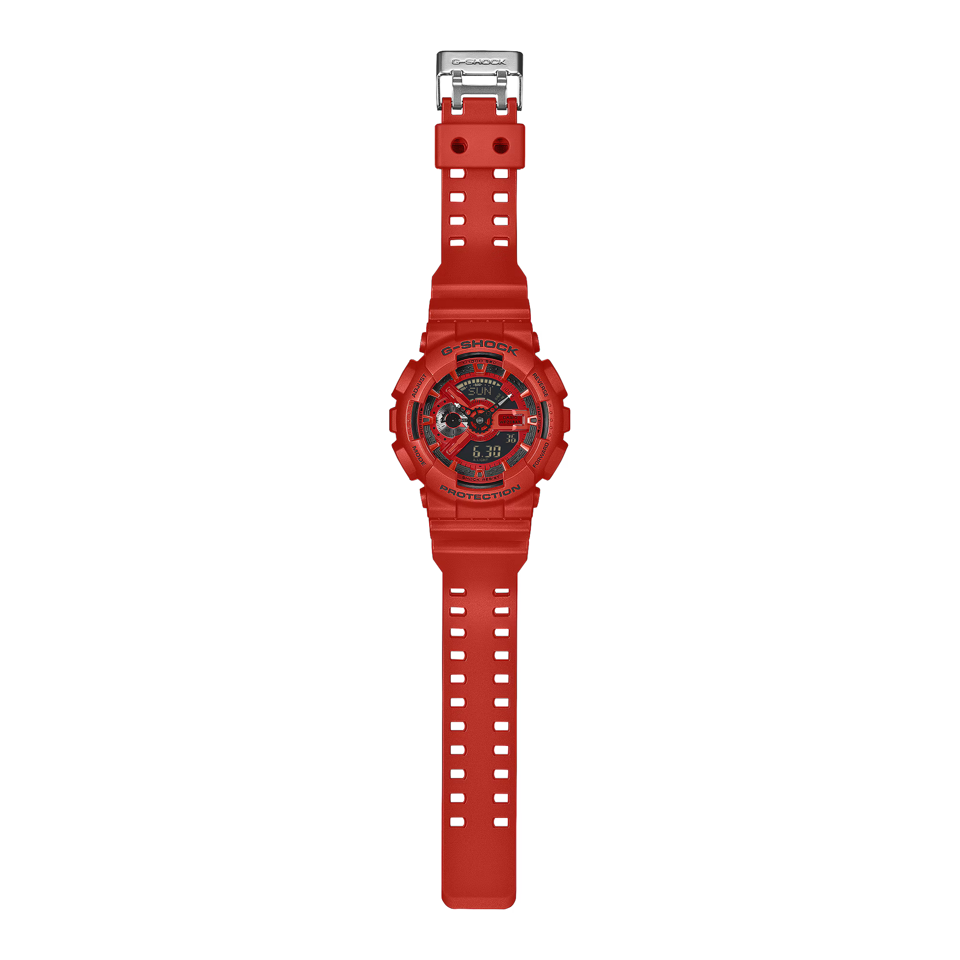 Red Casio G-Shock watch on a white background