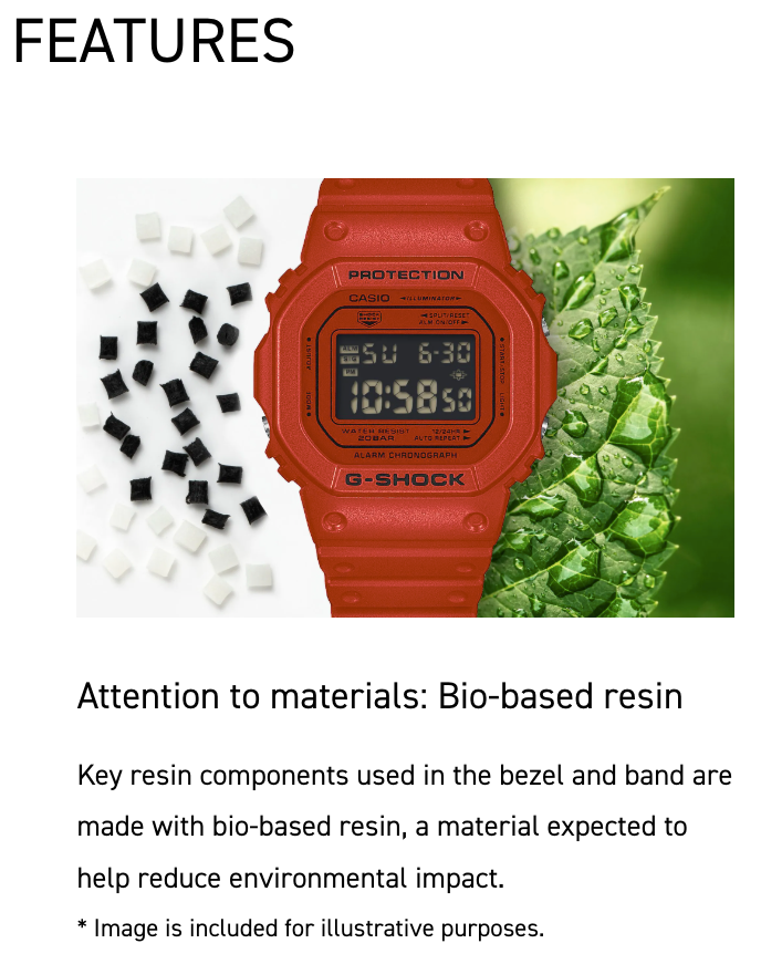 Red Casio G-Shock watch with bio-based resin text on a white background