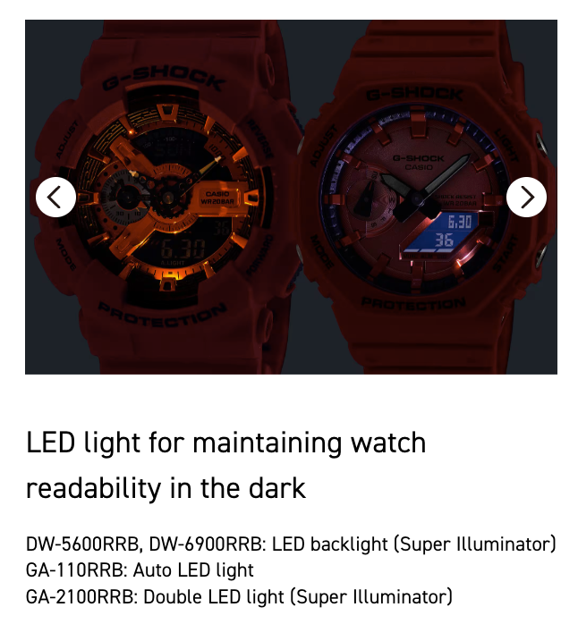Red Casio G-Shock watch with detailed display and text about LED lights.