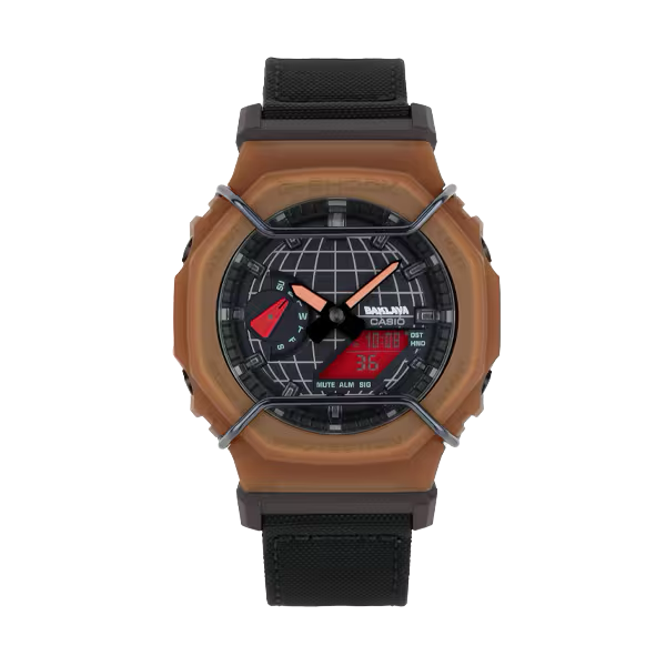 Casio G-SHOCK GA2100AB25-5A Desert King collaboration watch with carbon core guard case, desert-tone octagonal bezel, black dial, cloth band, shock-resistant build, 200m water resistance, and double LED illumination.