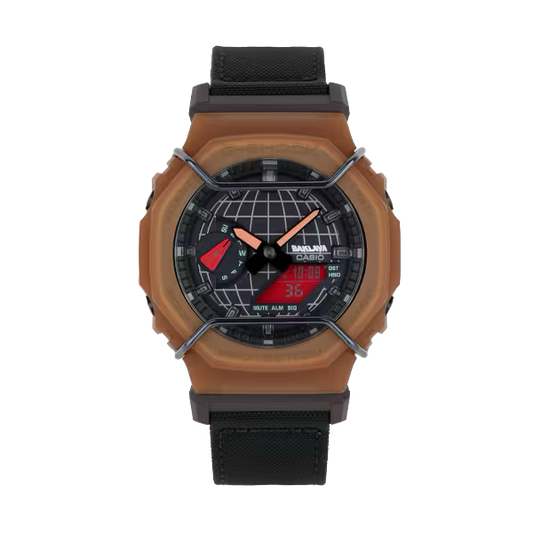 Casio G-SHOCK GA2100AB25-5A Desert King collaboration watch with carbon core guard case, desert-tone octagonal bezel, black dial, cloth band, shock-resistant build, 200m water resistance, and double LED illumination.