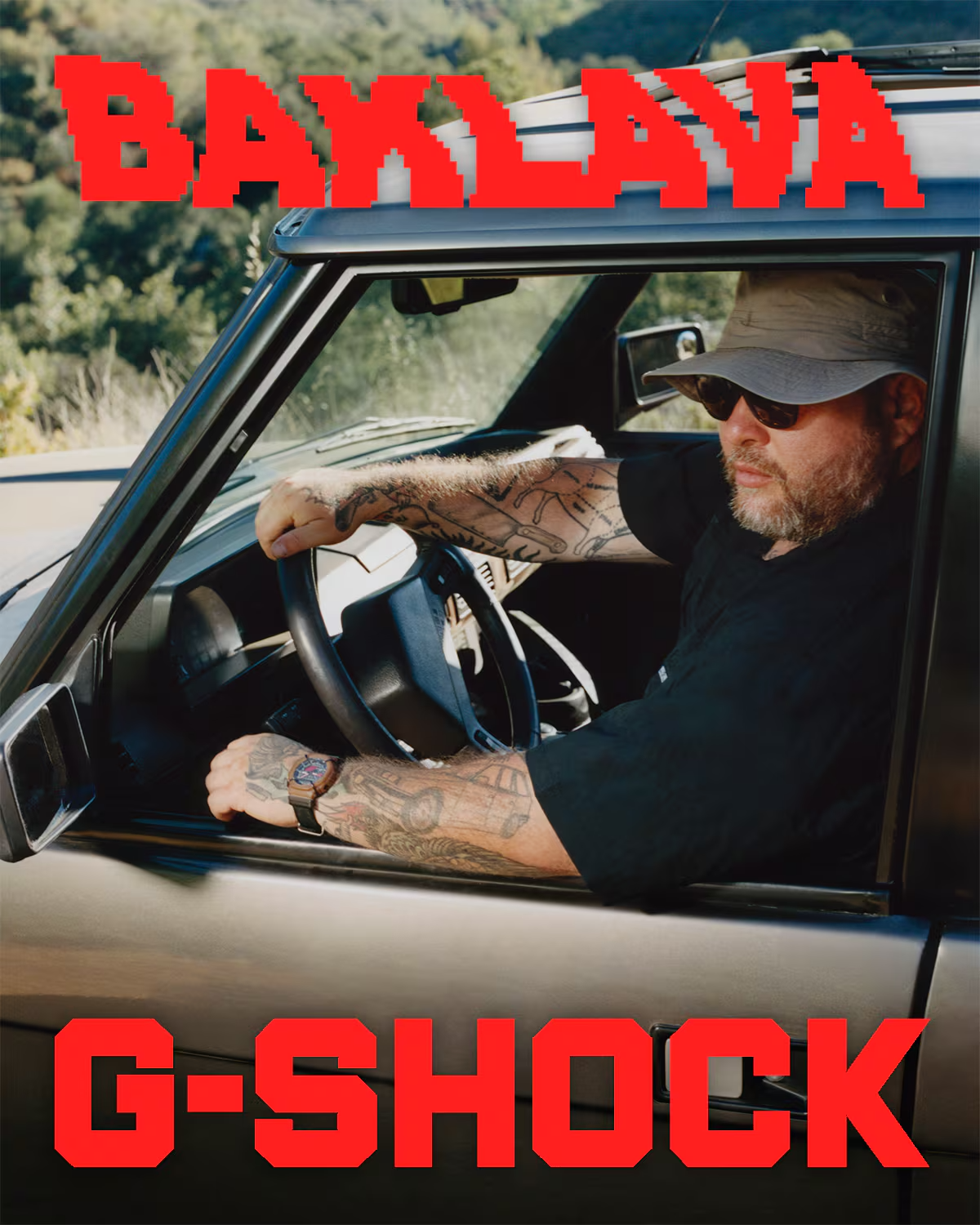Man driving a car with 'Baklava' and 'G-Shock' text overlay