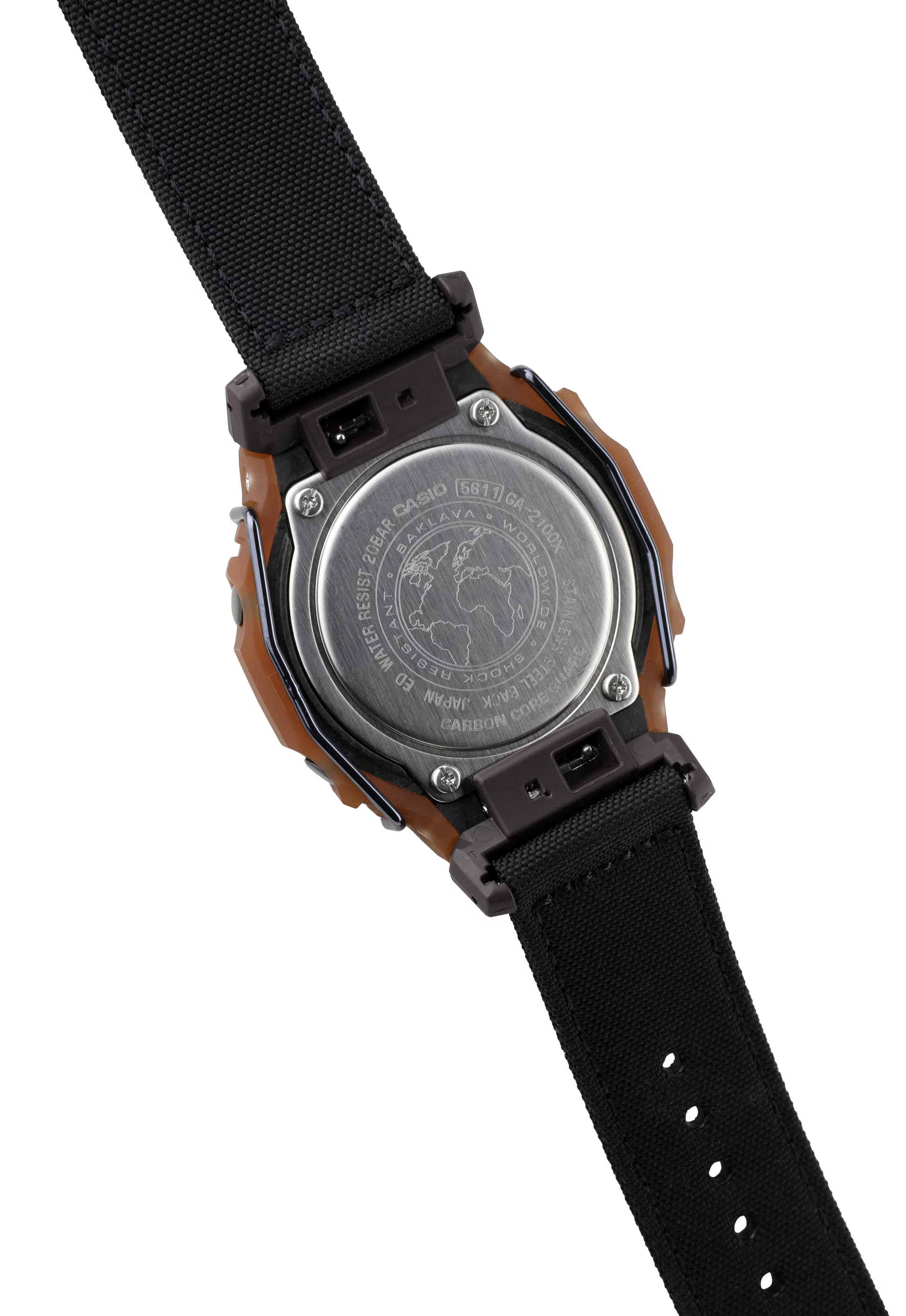 Back view of a watch with a black strap and wooden case on a white background
