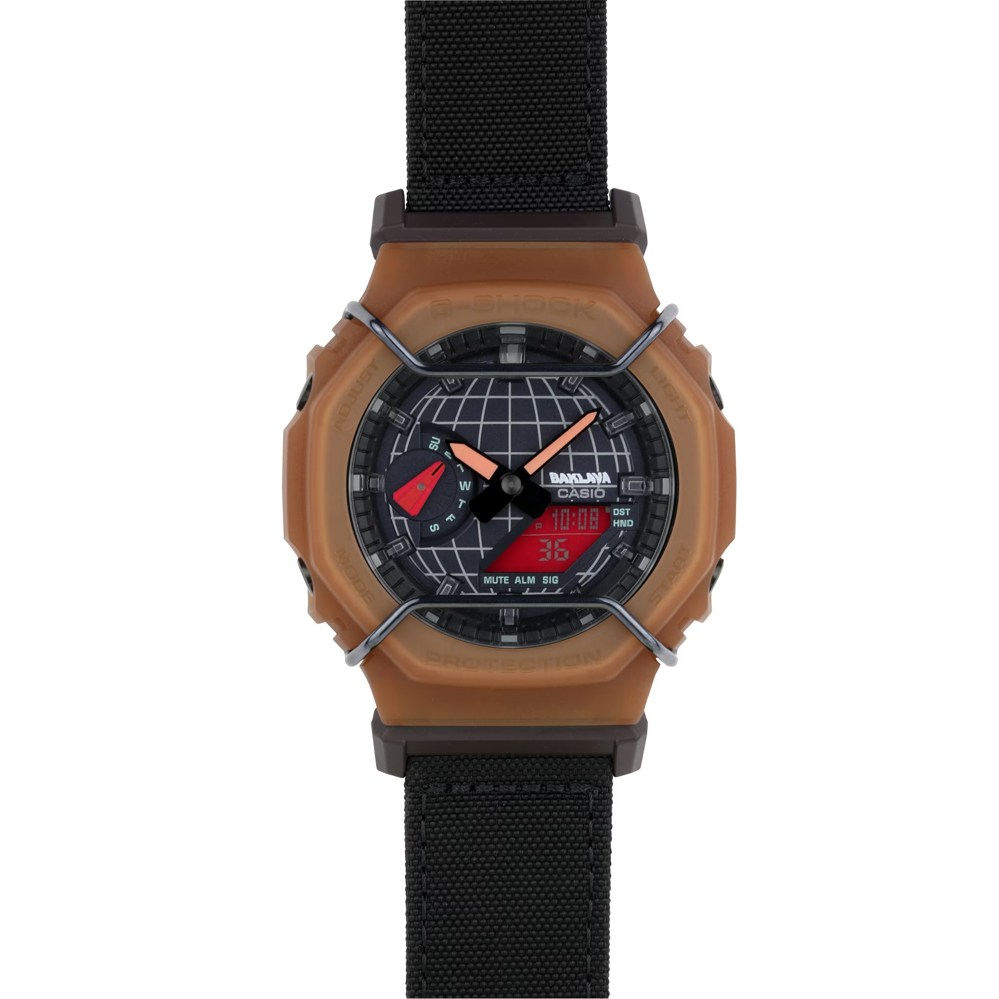 Watch with brown case, black strap, and digital display on a white background