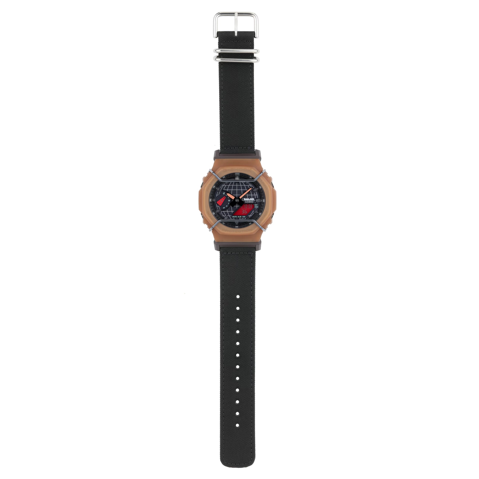 Watch with black strap and wooden case on white background