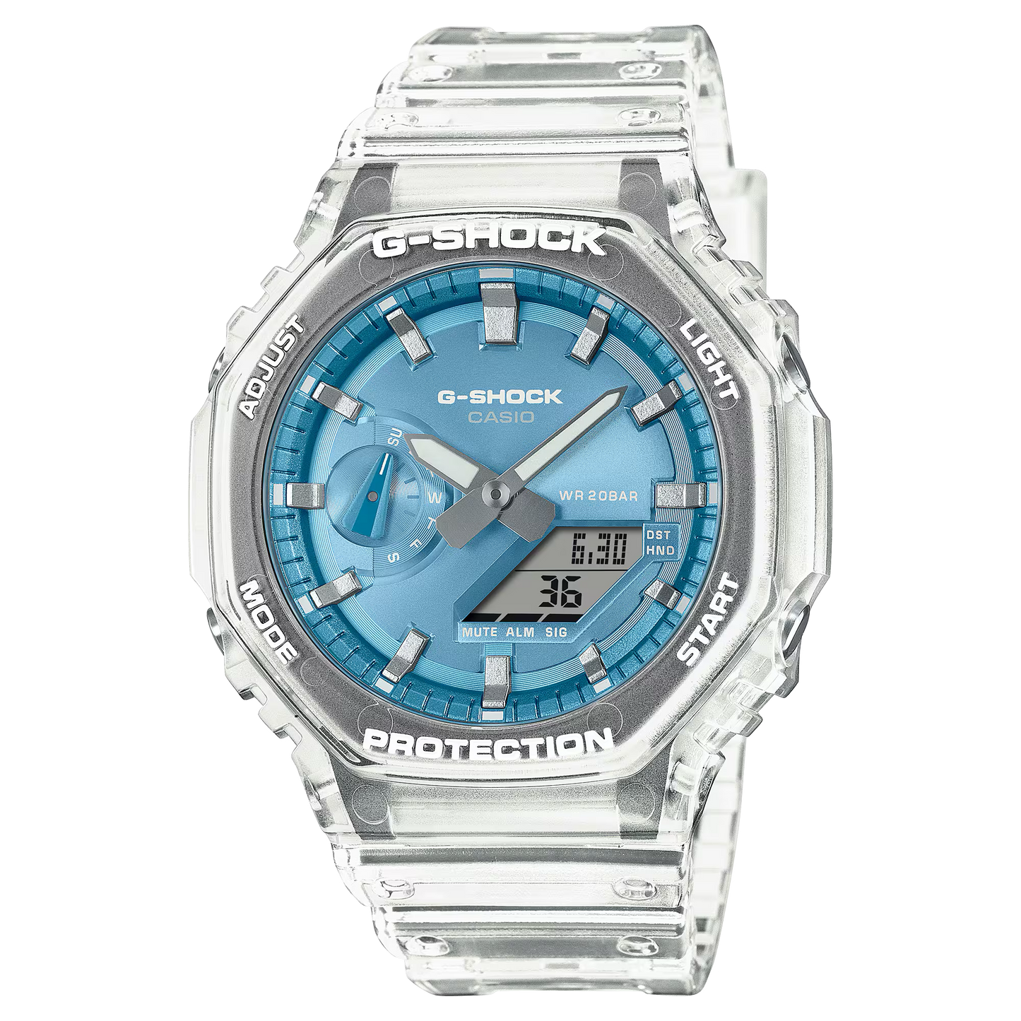 Casio G-Shock GA2100BM-7A2 watch with translucent resin case and band, metallic sky-blue dial, octagonal bezel, and Carbon Core Guard construction