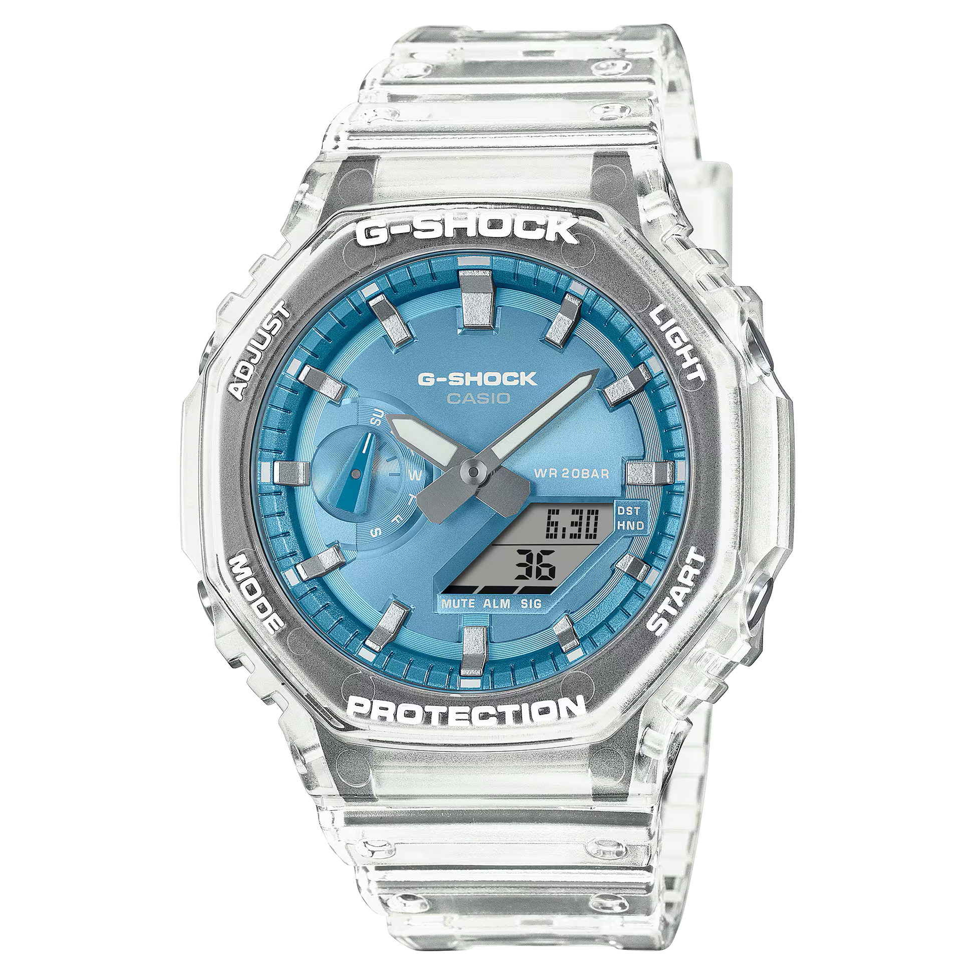 Casio G-Shock GA2100BM-7A2 watch with translucent resin case and band, metallic sky-blue dial, octagonal bezel, and Carbon Core Guard construction