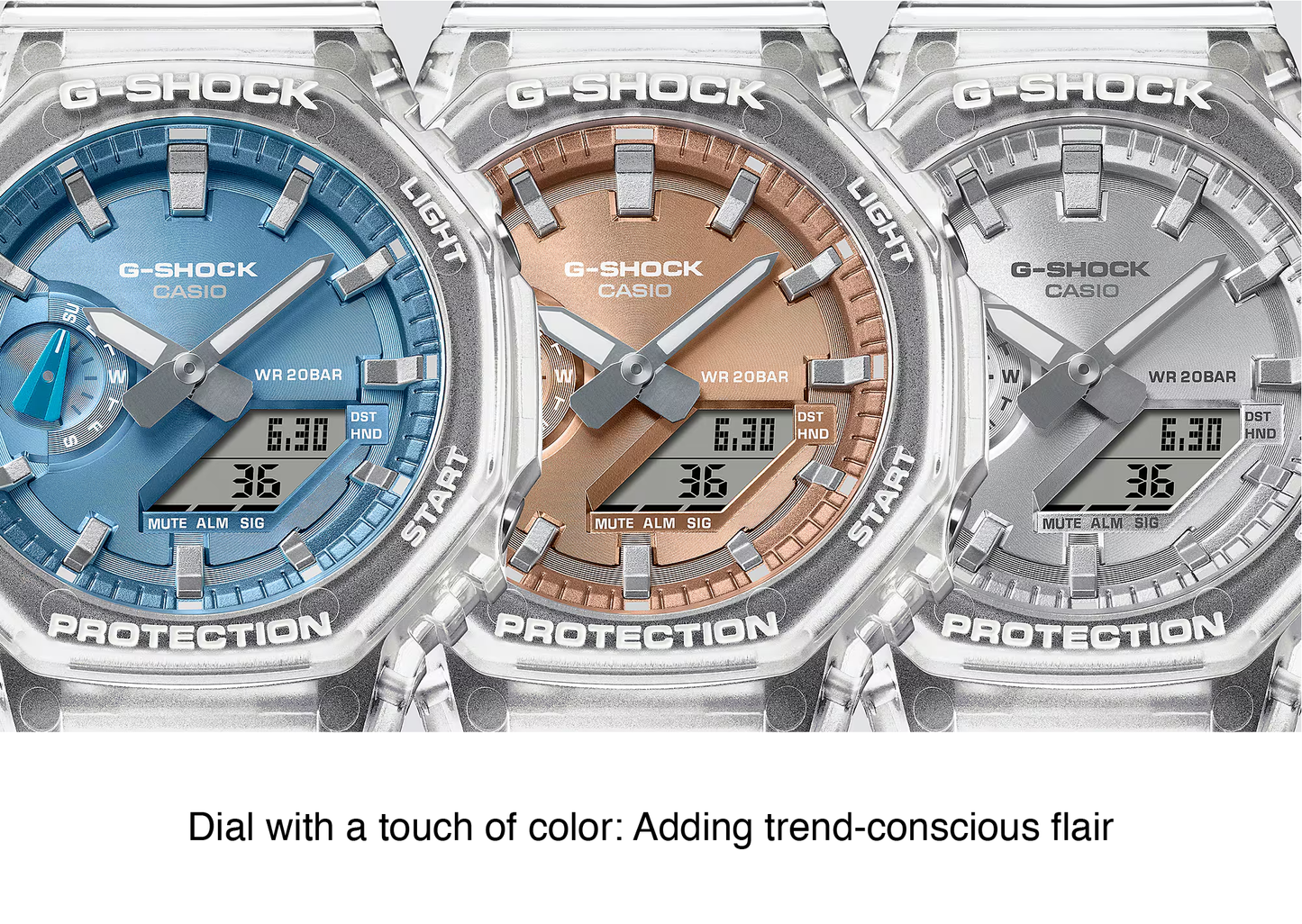 Casio G-Shock GA2100BM-7A2 watch with translucent resin case and band, metallic sky-blue dial, octagonal bezel, and Carbon Core Guard construction