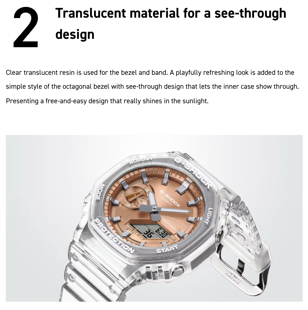 Casio G-Shock GA2100BM-7A2 watch with translucent resin case and band, metallic sky-blue dial, octagonal bezel, and Carbon Core Guard construction