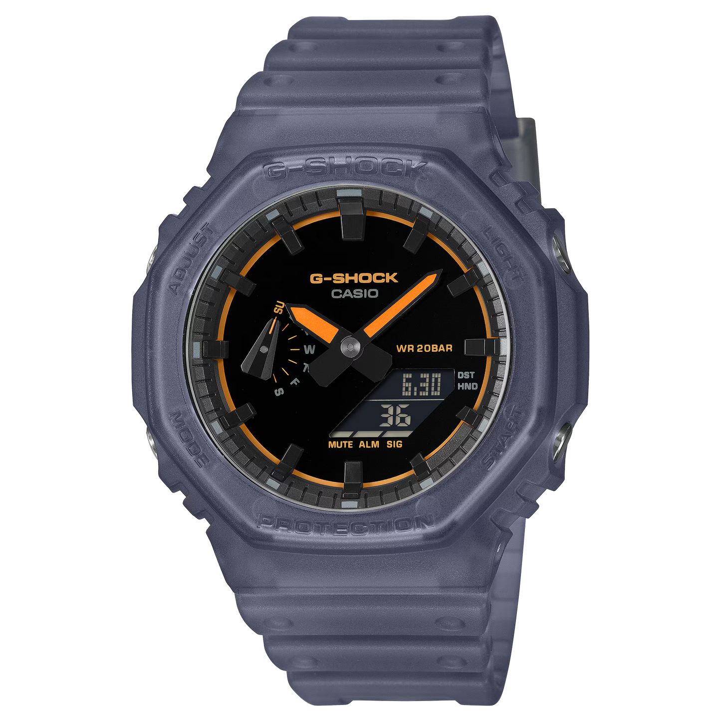 G-SHOCK GA2100K-2A analog-digital watch with blue octagonal case, Carbon Core Guard structure, nightlife-inspired dial accents, and resin band, offering shock resistance and 200m water resistance.