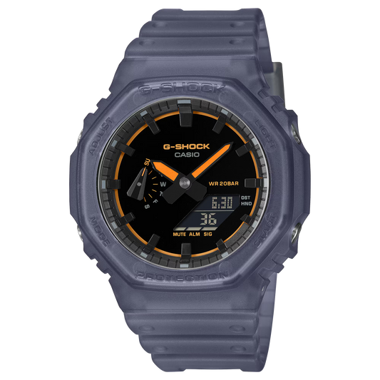 G-SHOCK GA2100K-2A analog-digital watch with blue octagonal case, Carbon Core Guard structure, nightlife-inspired dial accents, and resin band, offering shock resistance and 200m water resistance.
