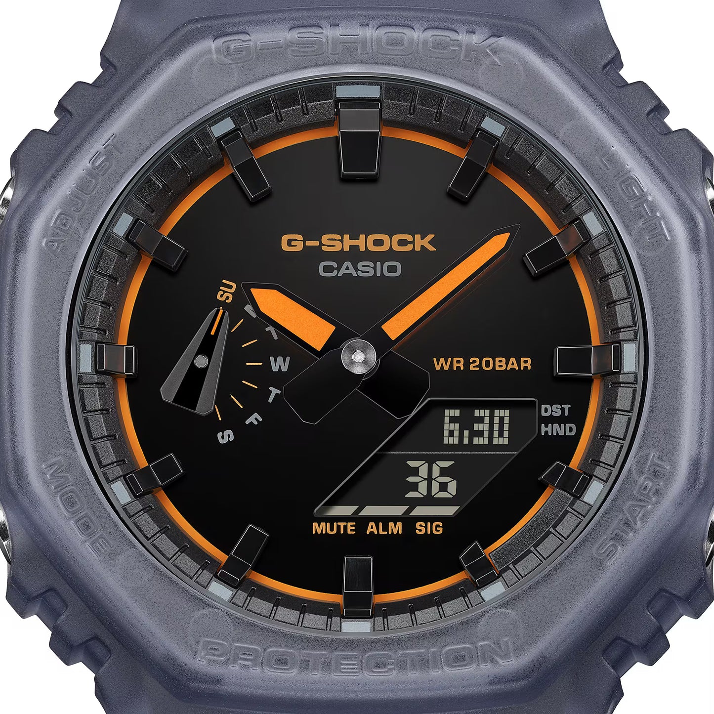 G-Shock Casio watch with gray case and orange accents on a white background