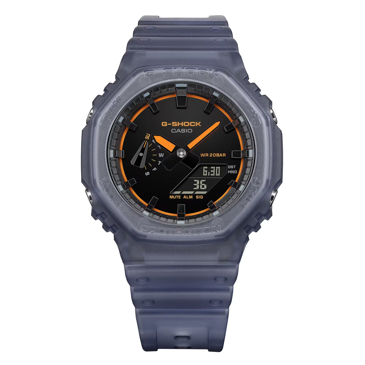 G-Shock Casio watch with gray case and orange accents on a white background