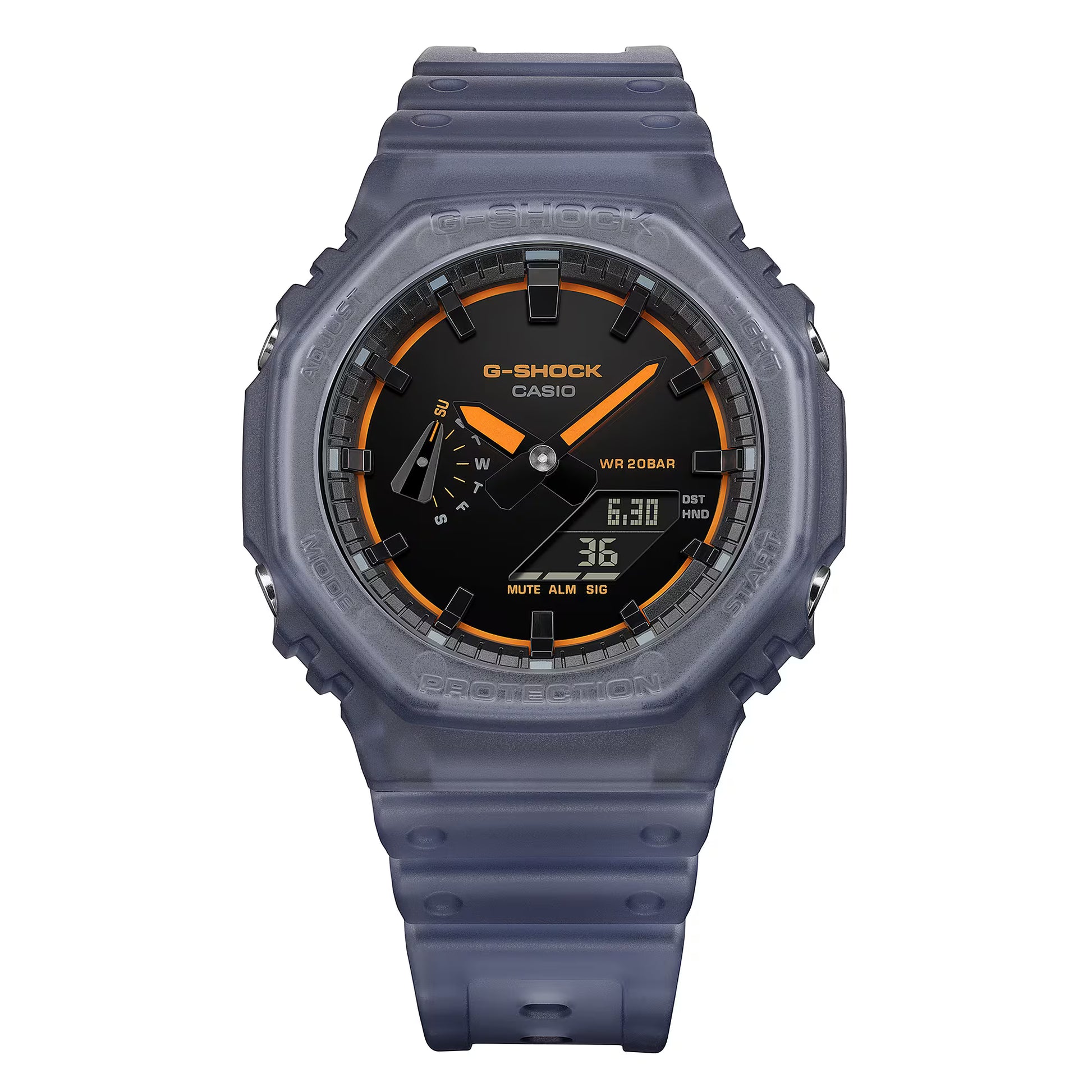 G-Shock Casio watch with gray case and orange accents on a white background