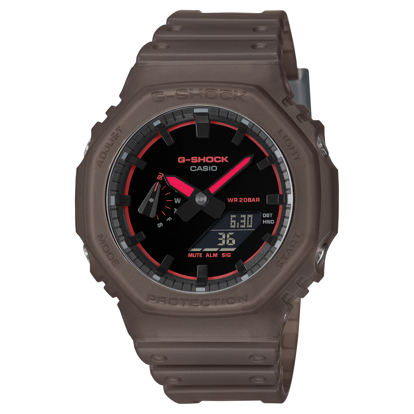 G-SHOCK GA2100K-5A analog-digital watch with brown octagonal case, Carbon Core Guard structure, nightlife-inspired dial textures, and resin band, offering shock resistance and 200m water resistance.
