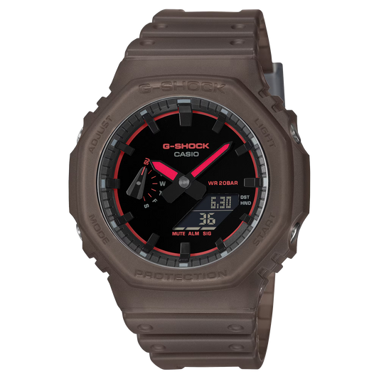 G-SHOCK GA2100K-5A analog-digital watch with brown octagonal case, Carbon Core Guard structure, nightlife-inspired dial textures, and resin band, offering shock resistance and 200m water resistance.