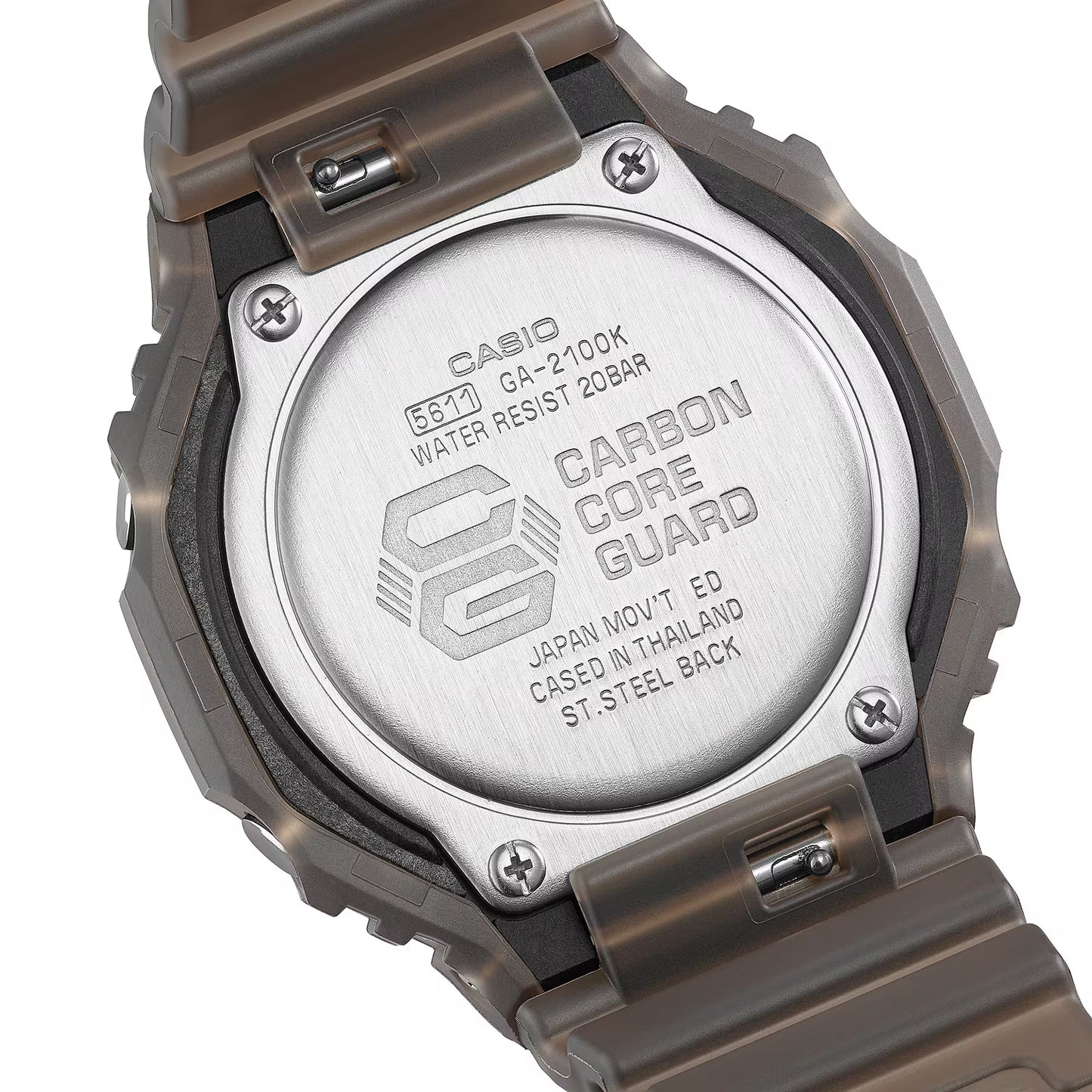 Back view of a Casio watch with 'Carbon Core Guard' text on a white background