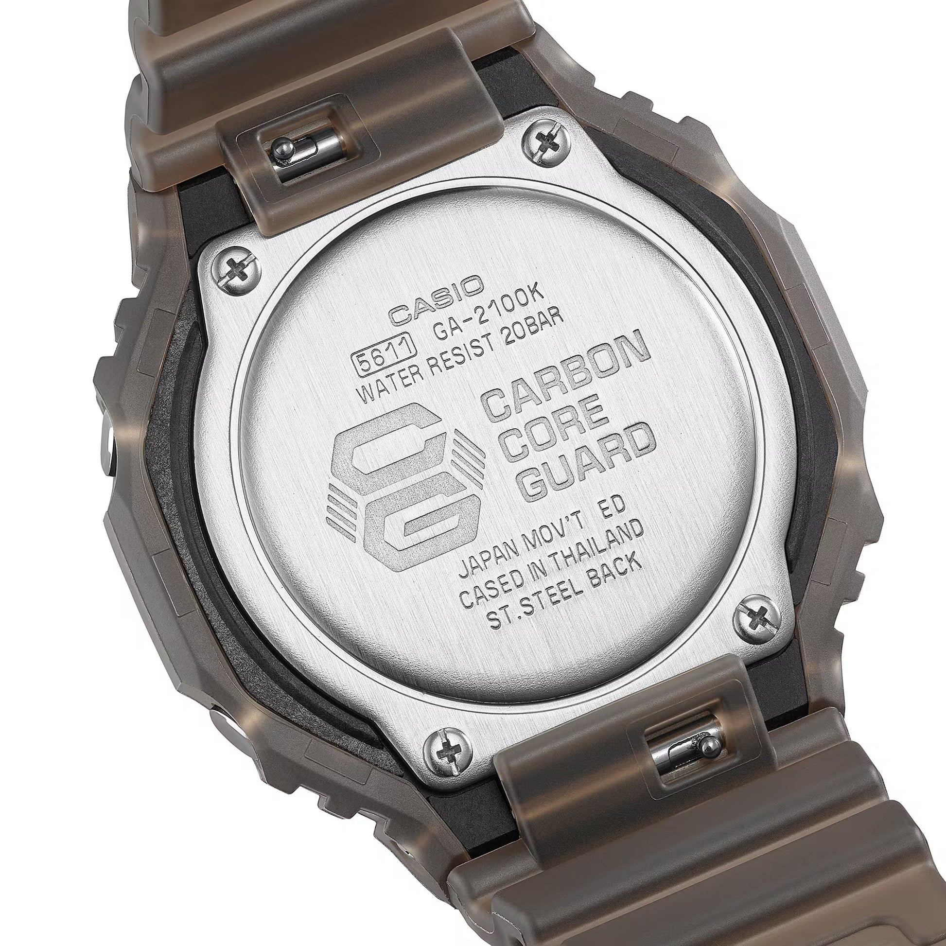 Back view of a Casio watch with 'Carbon Core Guard' text on a white background