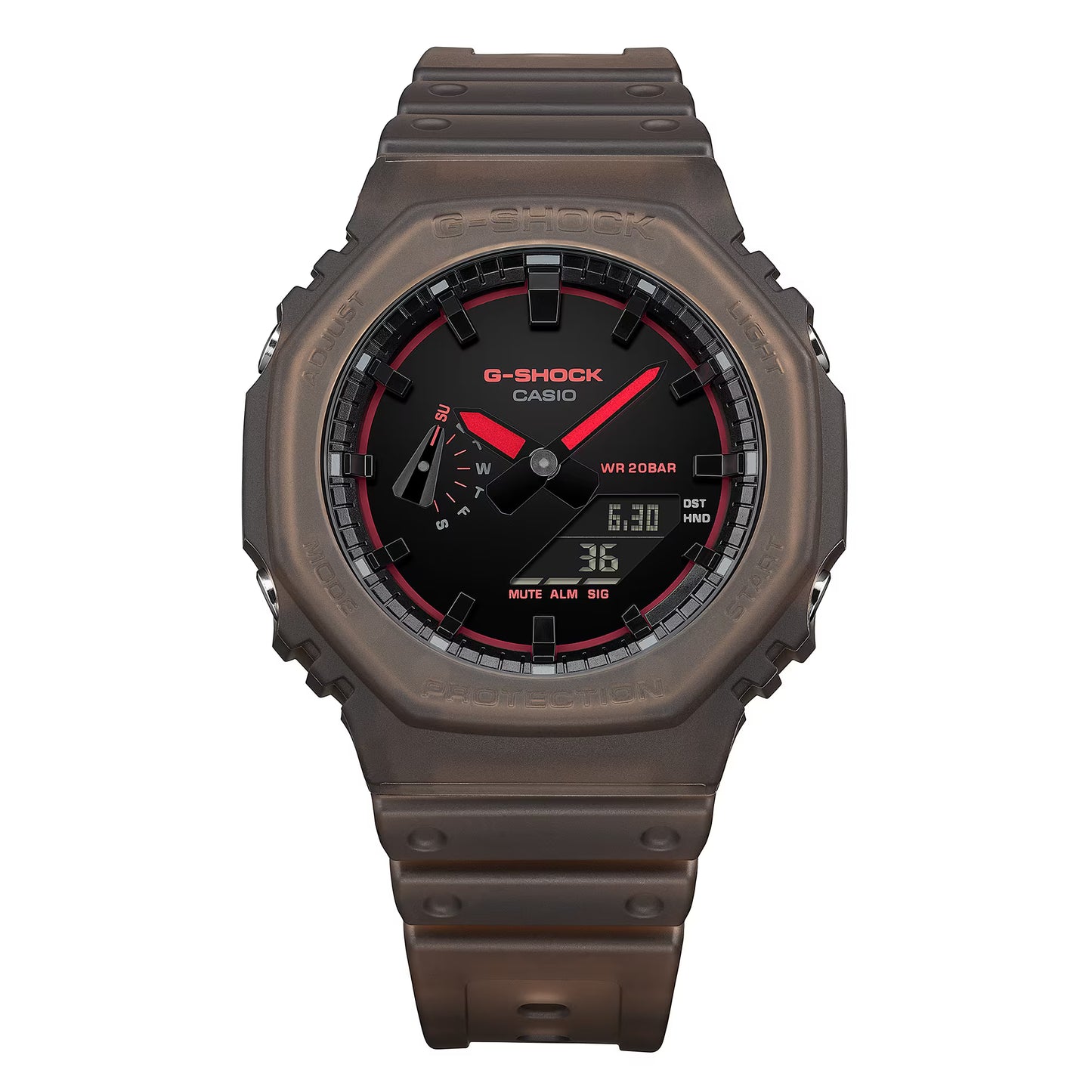 G-Shock Casio watch with brown strap and black face on white background