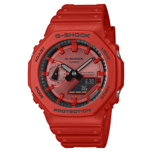 Casio G-SHOCK GA2100RRB-4A analog-digital watch with an octagonal 2100 ‘CasiOak’ design, bold red resin case and band, black accents with inverted LCD, Carbon Core Guard structure, and slim lightweight profile.