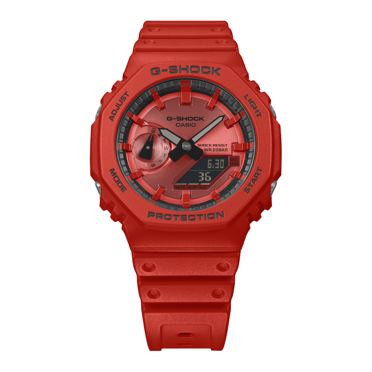 Red G-Shock watch on a white background