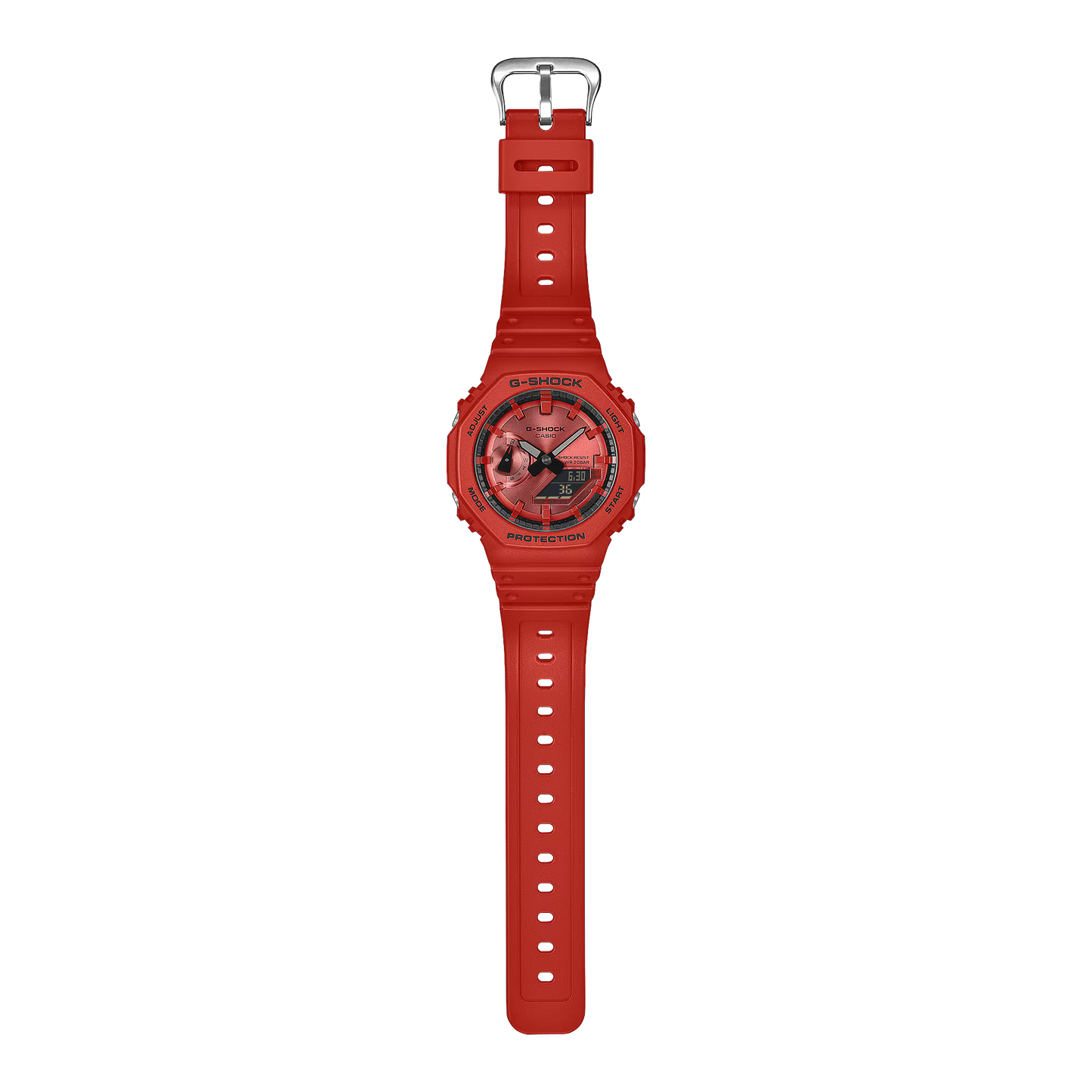Red G-Shock watch with a clear background