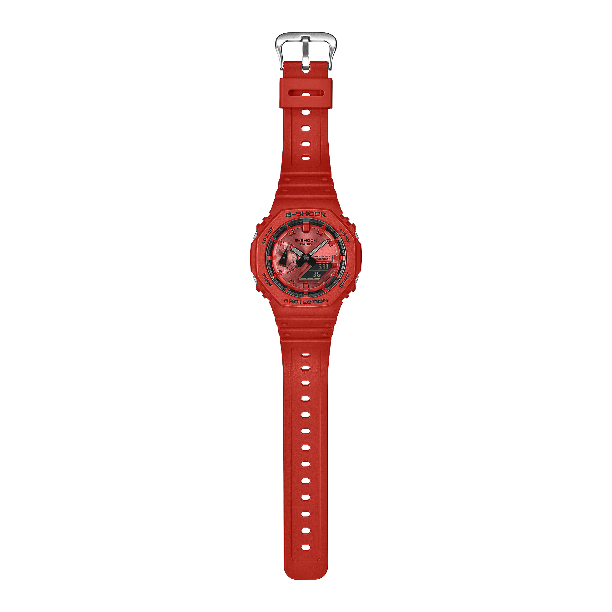 Red G-Shock watch with a clear background