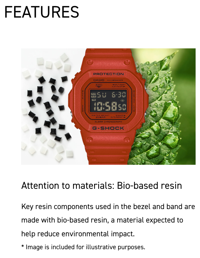 Red Casio G-Shock watch with bio-based resin components on a green and white background.