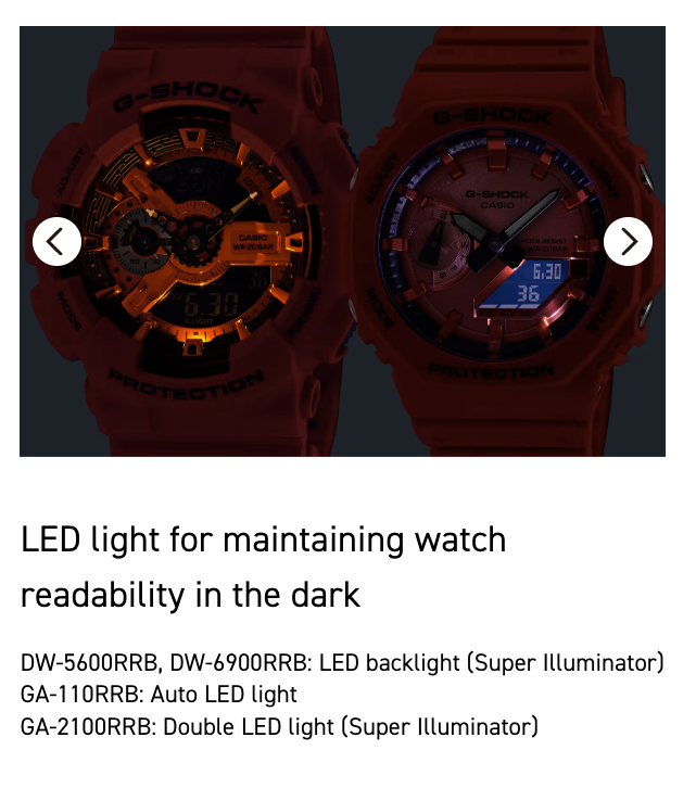 Red Casio G-Shock watch with LED light feature on a dark background