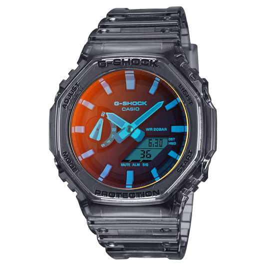 Casio G-SHOCK GA-2100TLS-8A watch with translucent gray resin band, octagonal Carbon Core Guard case, orange-accented dial, vapor deposition crystal for color-shifting effect, shock resistance, 200m water resistance, double LED Super Illuminator, lightweight 51 g build.