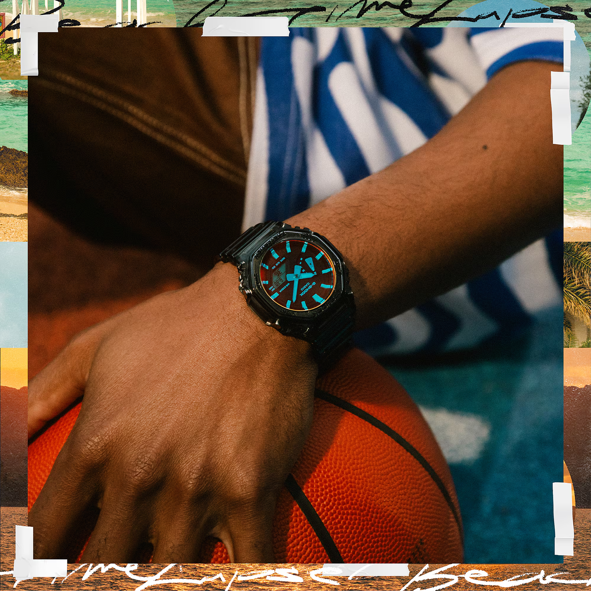 Person holding a basketball with a watch on wrist, beach background