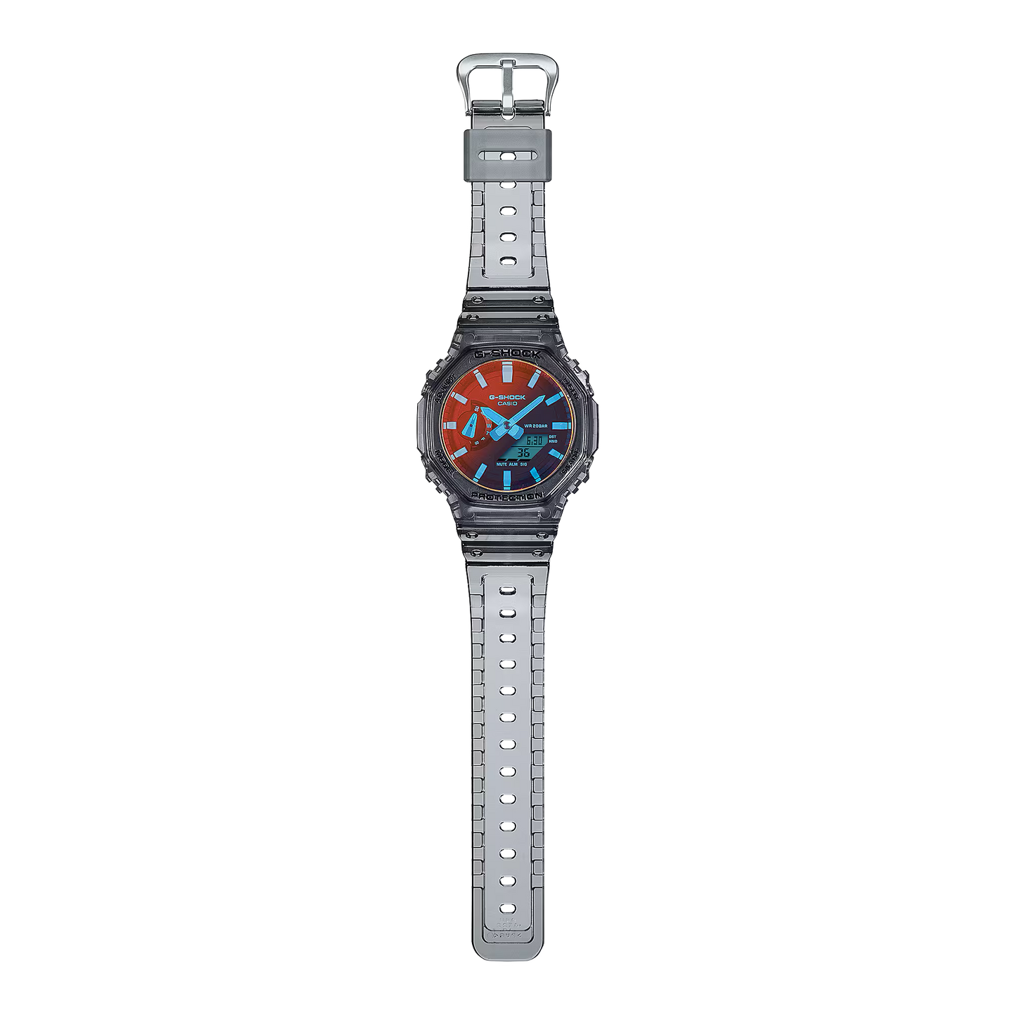 Wristwatch with a gray strap and colorful face on a white background