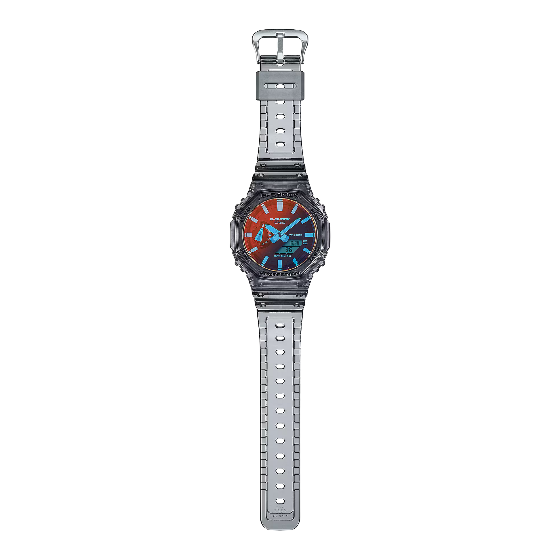 Wristwatch with a gray strap and colorful face on a white background
