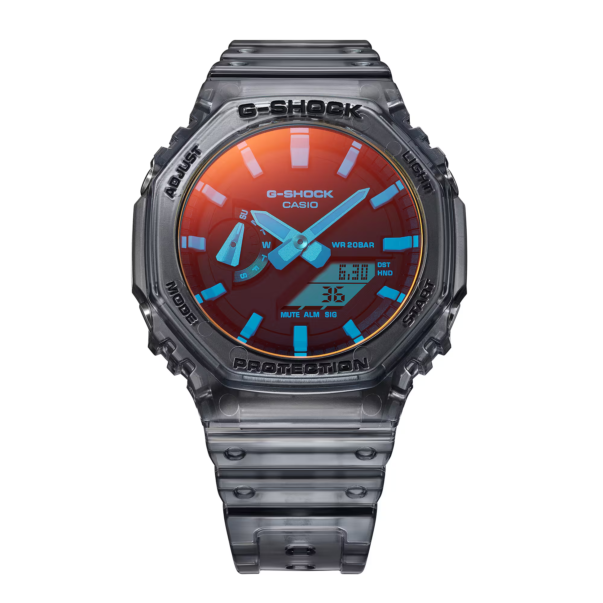 G-Shock Casio watch with red and blue display on a white background