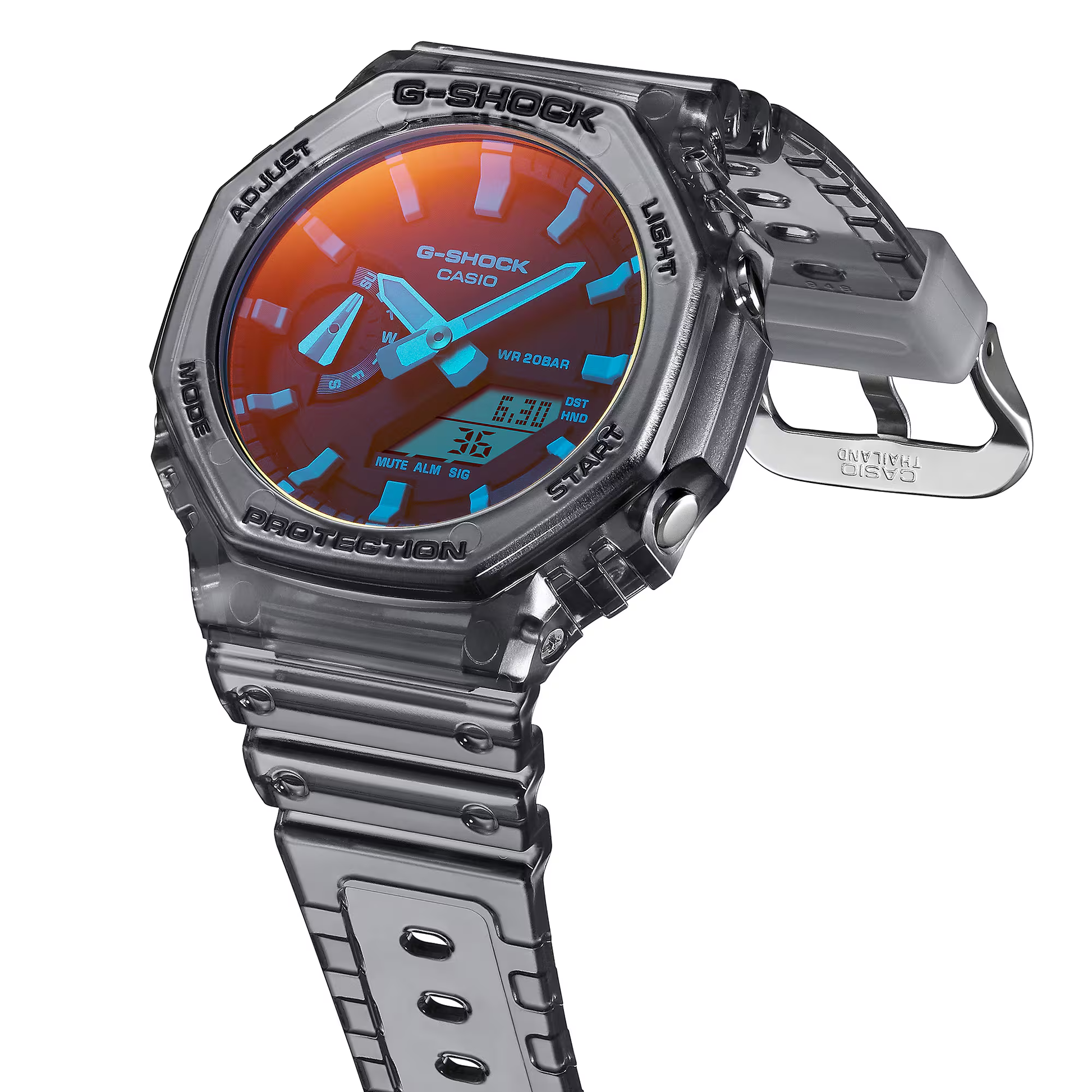 G-Shock watch with red face and silver casing on a white background