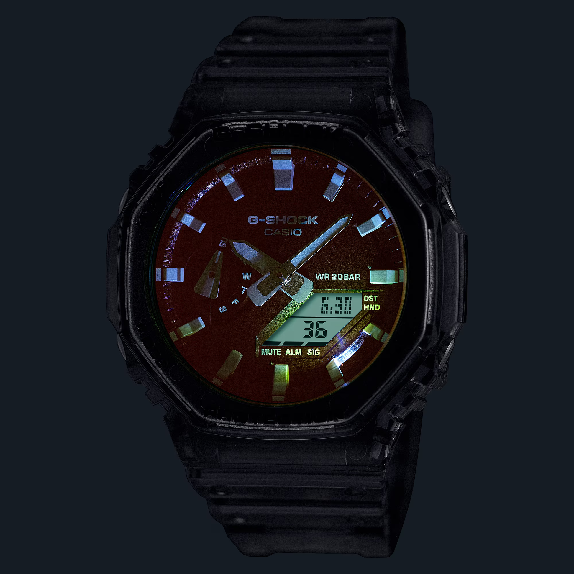 Black Casio G-Shock watch with red face on a dark background