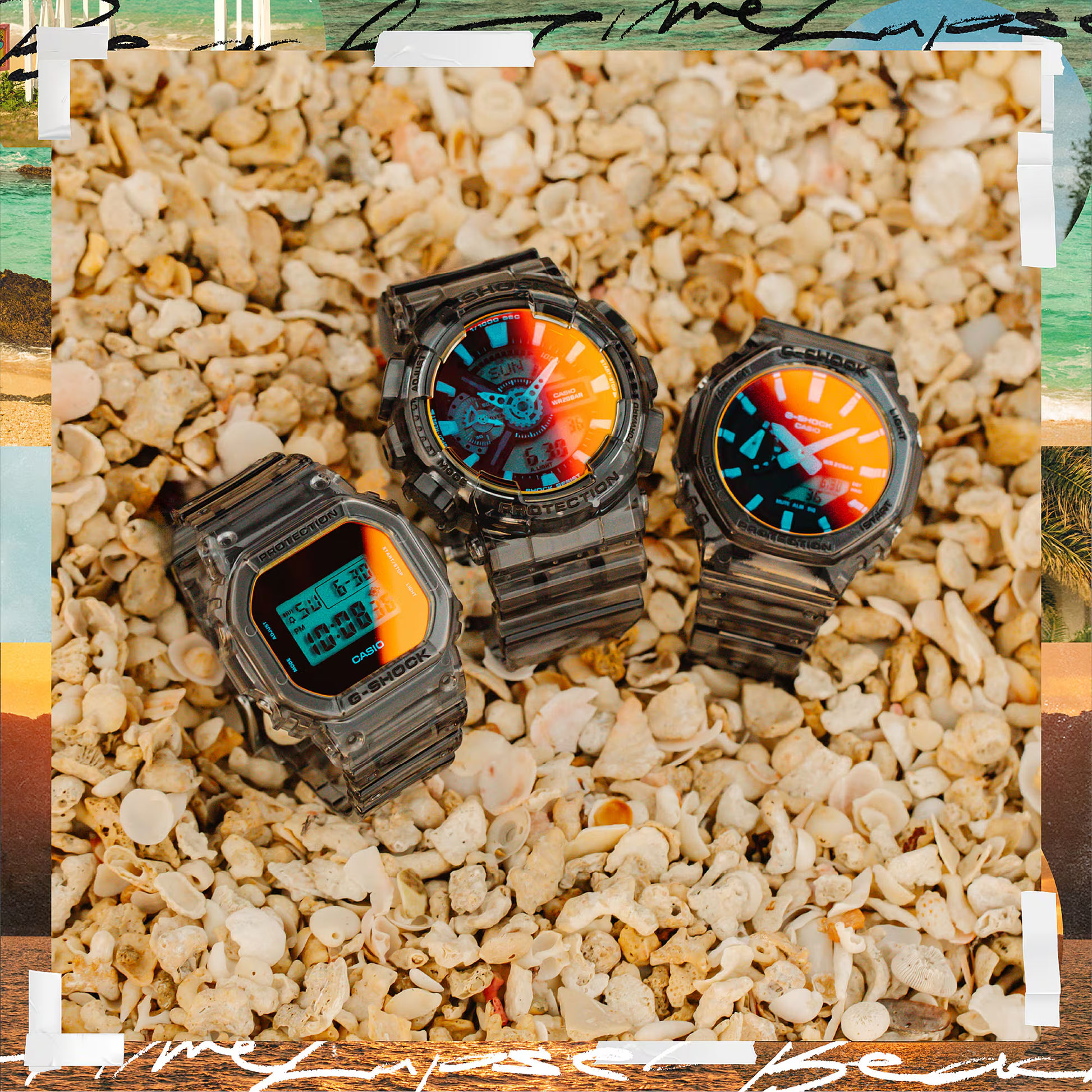 Three watches with colorful displays on a textured surface