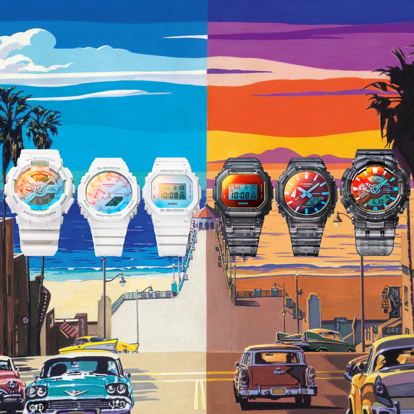 Two sets of watches displayed against colorful beach and cityscape backgrounds.