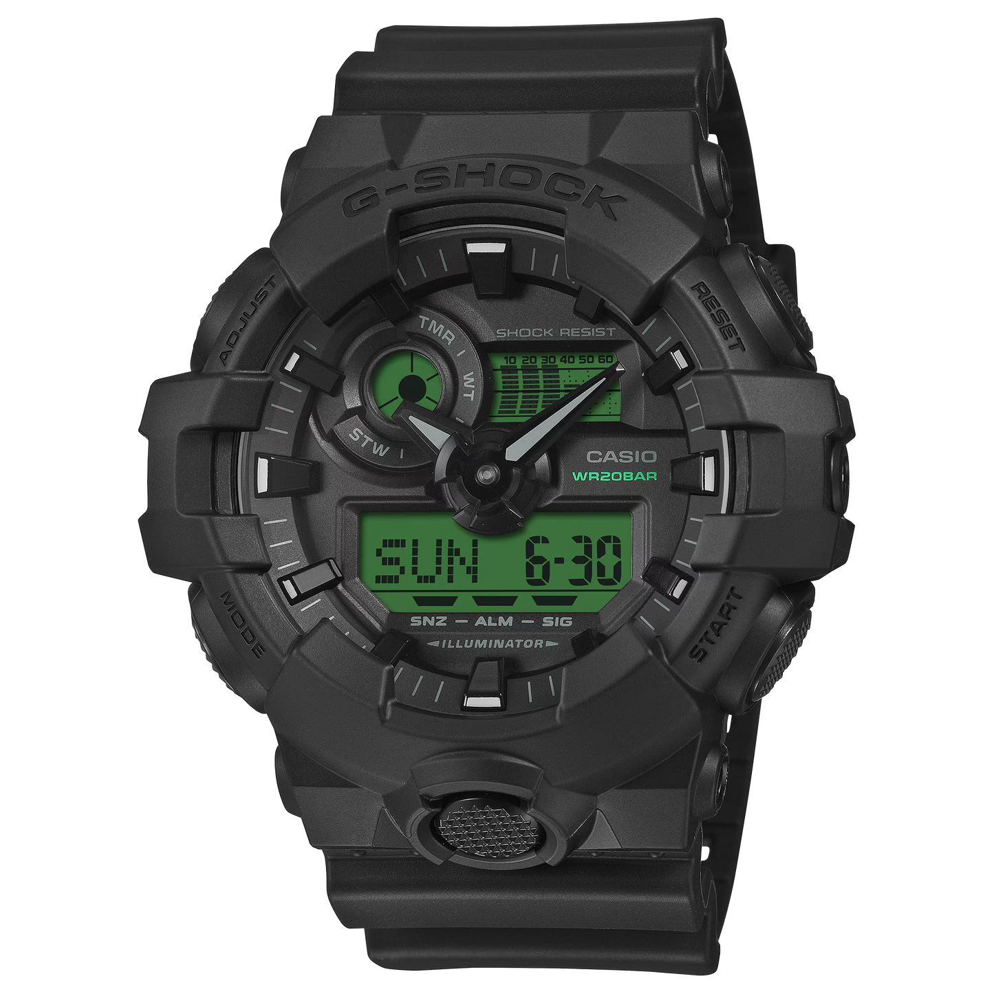 G-SHOCK GA700BEG-1A GA-700 Series analog-digital watch with black and electro green design, Shock Resistant resin case, Super Illuminator LED, 5-year battery life, and 200m water resistance.