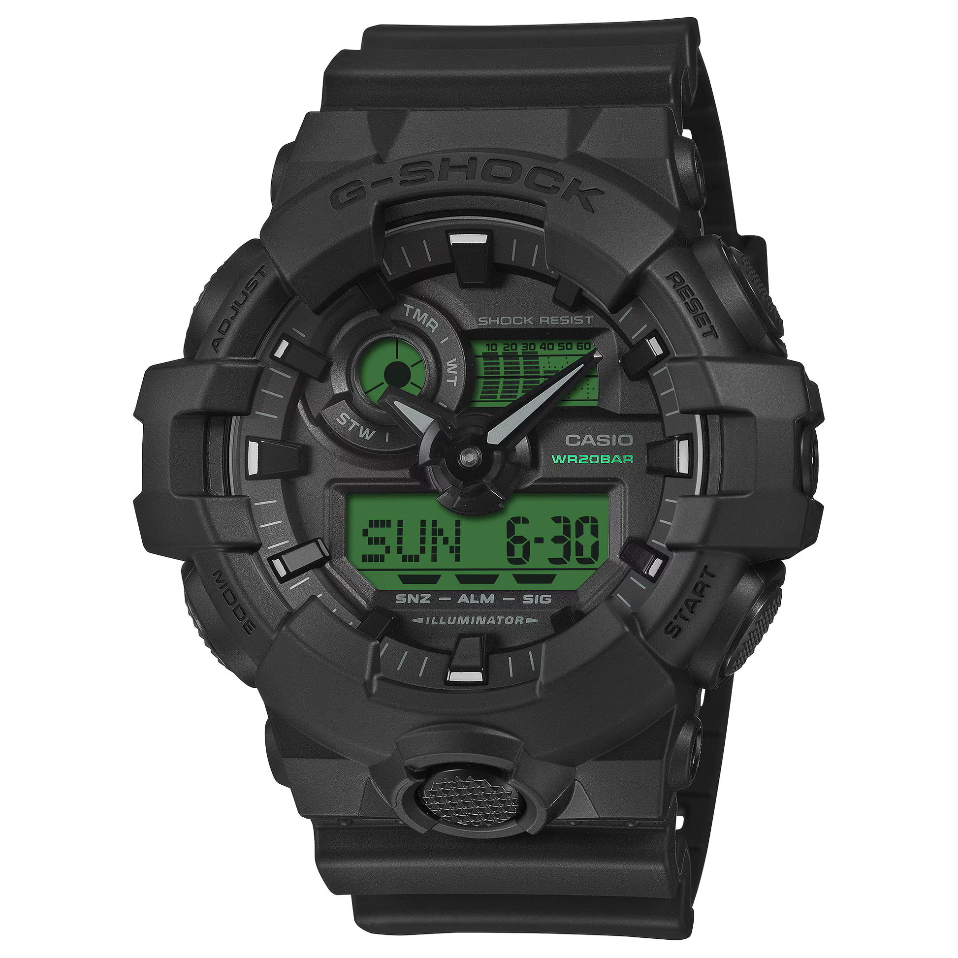 G-SHOCK GA700BEG-1A GA-700 Series analog-digital watch with black and electro green design, Shock Resistant resin case, Super Illuminator LED, 5-year battery life, and 200m water resistance.