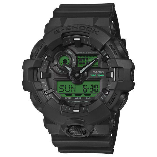 G-SHOCK GA700BEG-1A GA-700 Series analog-digital watch with black and electro green design, Shock Resistant resin case, Super Illuminator LED, 5-year battery life, and 200m water resistance.