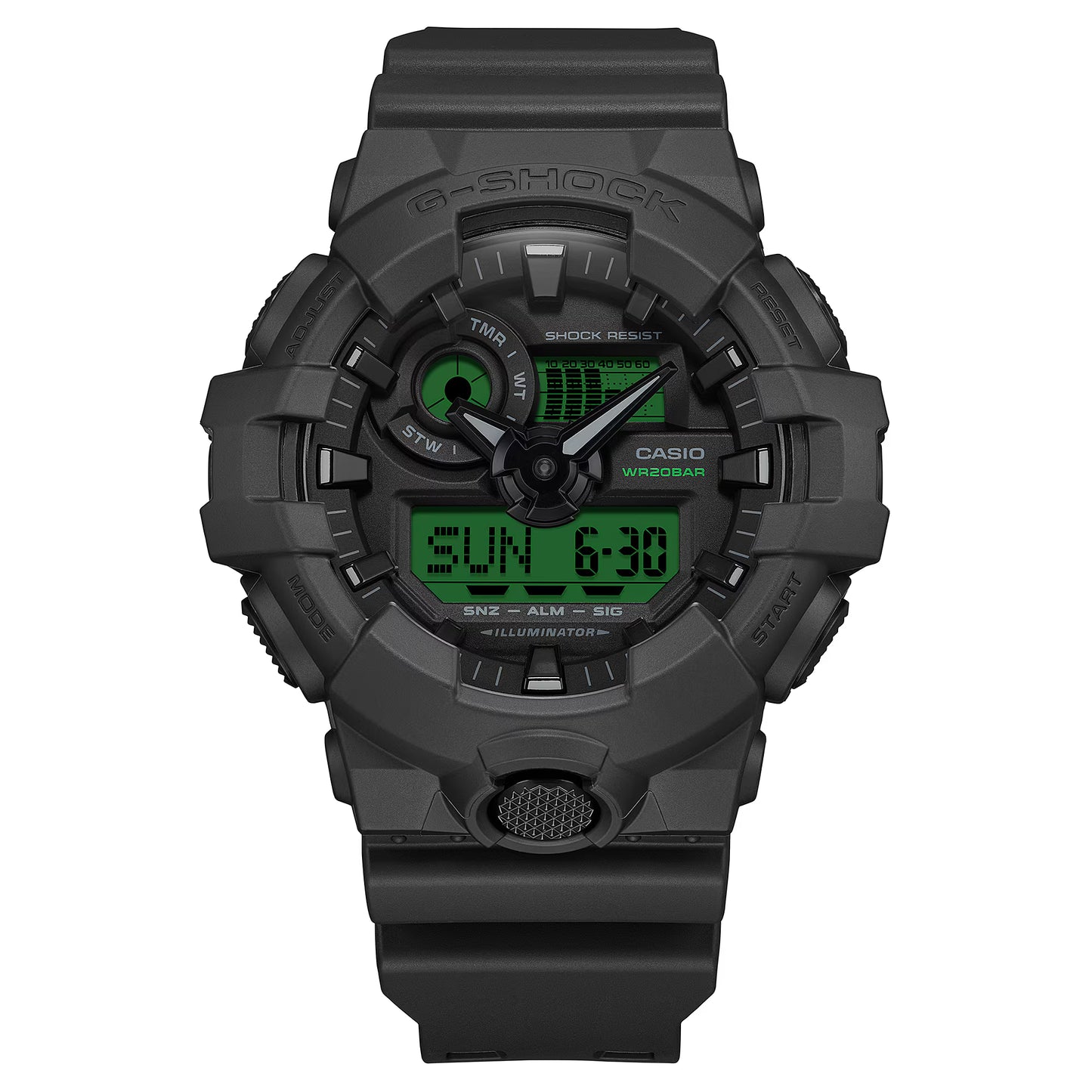 Black Casio G-Shock watch with green digital display on a white background